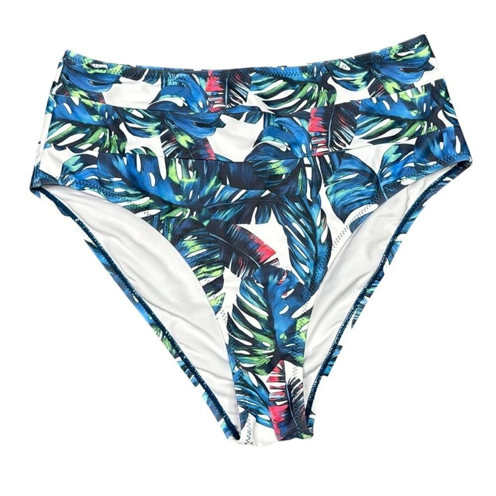 Hilinker Womens Large Floral Tropical Print High Waisted Bikini Bottoms Blue NWT
